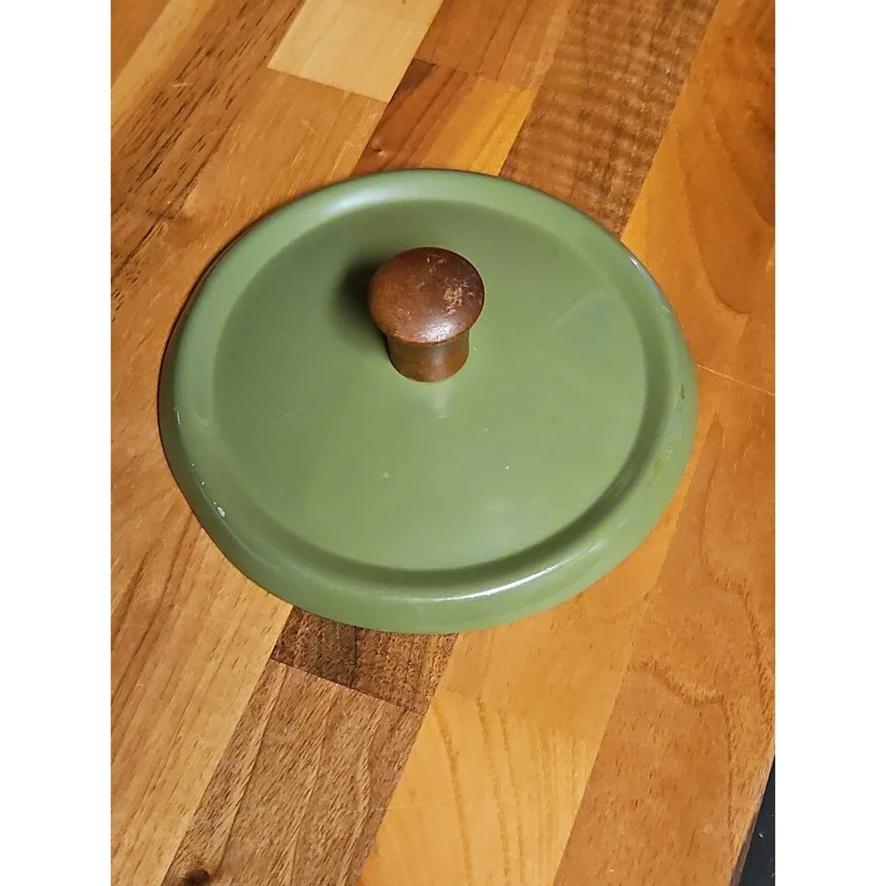 Vintage Green Enamel Fondue Pot Saucepan Floral MCM Boho Wood Handle 1970s